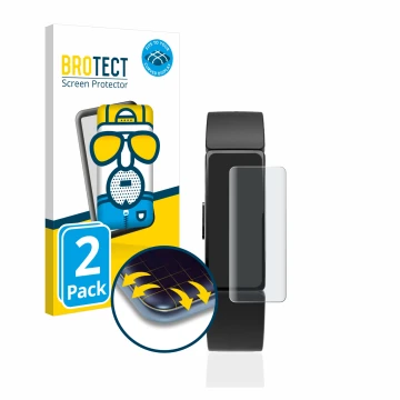 Parte frontale di una confezione del prodotto con il logo del marchio BROTECT. Accanto è raffigurato il dispositivo Fitbit Ins