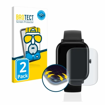 Parte frontale di una confezione del prodotto con il logo del marchio BROTECT. Accanto è raffigurato il dispositivo Huami Amaz