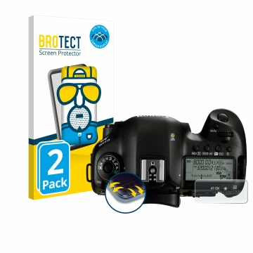 Parte frontale di una confezione del prodotto con il logo del marchio BROTECT. Accanto è raffigurato il dispositivo Canon EOS 