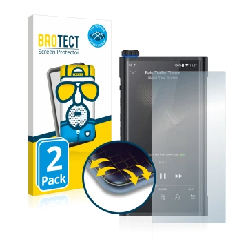 Parte frontale di una confezione del prodotto con il logo del marchio BROTECT. Accanto è raffigurato il dispositivo FiiO M15 c