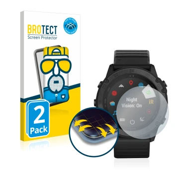 Parte frontale di una confezione del prodotto con il logo del marchio BROTECT. Accanto è raffigurato il dispositivo Garmin Tac