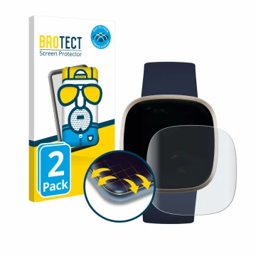 Parte frontale di una confezione del prodotto con il logo del marchio BROTECT. Accanto è raffigurato il dispositivo Fitbit Ver
