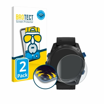 Parte frontale di una confezione del prodotto con il logo del marchio BROTECT. Accanto è raffigurato il dispositivo Garmin Des