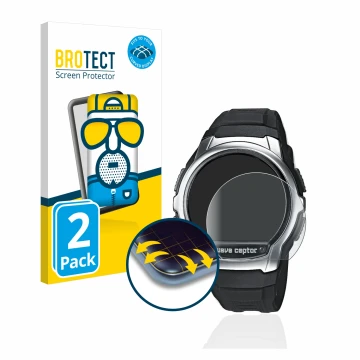 Parte frontale di una confezione del prodotto con il logo del marchio BROTECT. Accanto è raffigurato il dispositivo Casio Wave