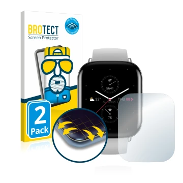 Parte frontale di una confezione del prodotto con il logo del marchio BROTECT. Accanto è raffigurato il dispositivo Huami Amaz