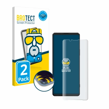Parte frontale di una confezione del prodotto con il logo del marchio BROTECT. Accanto è raffigurato il dispositivo Sony Xperi