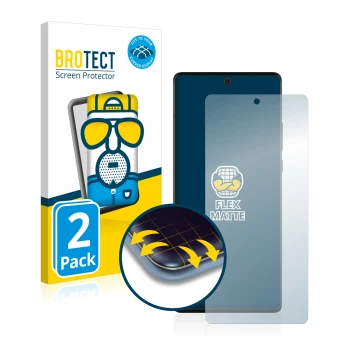 Parte frontale di una confezione del prodotto con il logo del marchio BROTECT. Accanto è raffigurato il dispositivo Motorola E