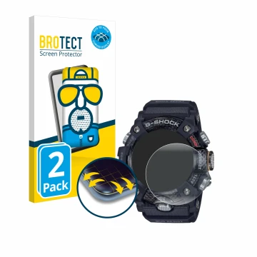 Parte frontale di una confezione del prodotto con il logo del marchio BROTECT. Accanto è raffigurato il dispositivo Casio G-Sh