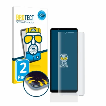 Parte frontale di una confezione del prodotto con il logo del marchio BROTECT. Accanto è raffigurato il dispositivo Sony Xperi