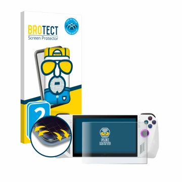 Parte frontale di una confezione del prodotto con il logo del marchio BROTECT. Accanto è raffigurato il dispositivo ASUS ROG A