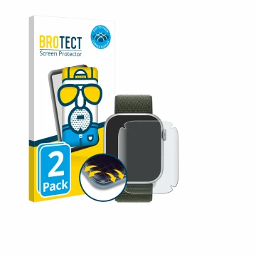 Parte frontale di una confezione del prodotto con il logo del marchio BROTECT. Accanto è raffigurato il dispositivo Apple Watc