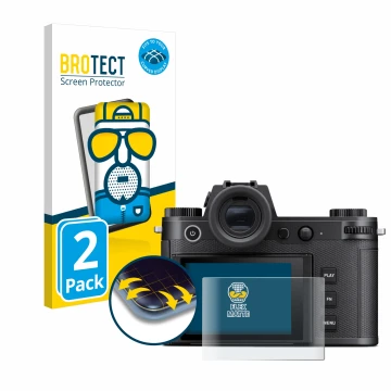 Parte frontale di una confezione del prodotto con il logo del marchio BROTECT. Accanto è raffigurato il dispositivo Leica SL3 
