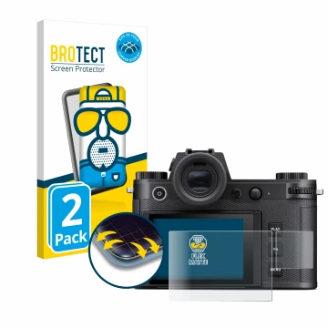 Parte frontale di una confezione del prodotto con il logo del marchio BROTECT. Accanto è raffigurato il dispositivo Leica SL3 
