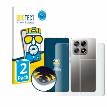 Parte frontale di una confezione del prodotto con il logo del marchio BROTECT. Accanto è raffigurato il dispositivo Xiaomi 14T