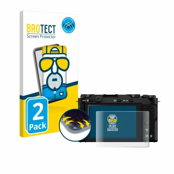 Parte frontale di una confezione del prodotto con il logo del marchio BROTECT. Accanto è raffigurato il dispositivo Fujifilm X