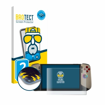 Parte frontale di una confezione del prodotto con il logo del marchio BROTECT. Accanto è raffigurato il dispositivo MSI Claw 8