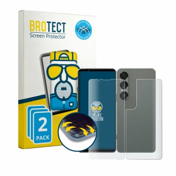 Parte frontale di una confezione del prodotto con il logo del marchio BROTECT. Accanto è raffigurato il dispositivo Sony Xperi
