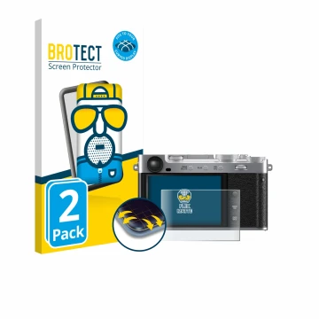 Parte frontale di una confezione del prodotto con il logo del marchio BROTECT. Accanto è raffigurato il dispositivo Fujifilm X