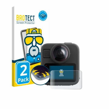 Parte frontale di una confezione del prodotto con il logo del marchio BROTECT. Accanto è raffigurato il dispositivo GoPro Max 