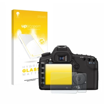 Parte frontale di una confezione del prodotto con il logo del marchio upscreen. Accanto è raffigurato il dispositivo Canon EOS