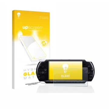 Parte frontale di una confezione del prodotto con il logo del marchio upscreen. Accanto è raffigurato il dispositivo Sony PSP 