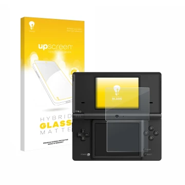 Parte frontale di una confezione del prodotto con il logo del marchio upscreen. Accanto è raffigurato il dispositivo Nintendo 