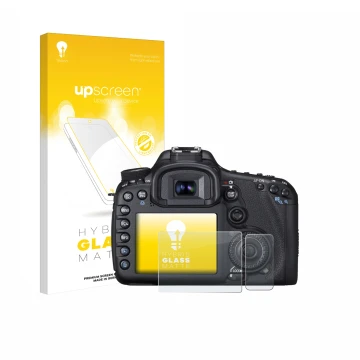 Parte frontale di una confezione del prodotto con il logo del marchio upscreen. Accanto è raffigurato il dispositivo Canon EOS