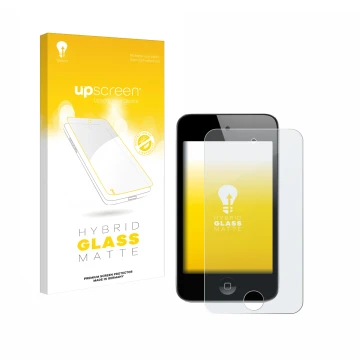 Parte frontale di una confezione del prodotto con il logo del marchio upscreen. Accanto è raffigurato il dispositivo Apple iPo