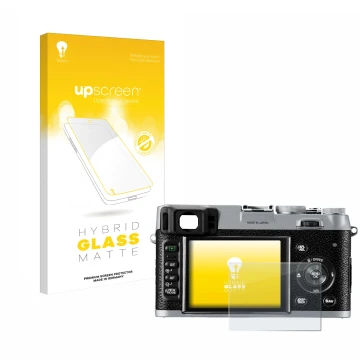 Parte frontale di una confezione del prodotto con il logo del marchio upscreen. Accanto è raffigurato il dispositivo Fujifilm 