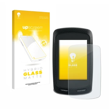 Parte frontale di una confezione del prodotto con il logo del marchio upscreen. Accanto è raffigurato il dispositivo Garmin Ed