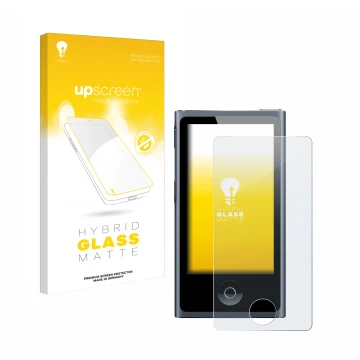 Parte frontale di una confezione del prodotto con il logo del marchio upscreen. Accanto è raffigurato il dispositivo Apple iPo