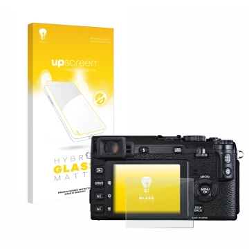 Parte frontale di una confezione del prodotto con il logo del marchio upscreen. Accanto è raffigurato il dispositivo Fujifilm 