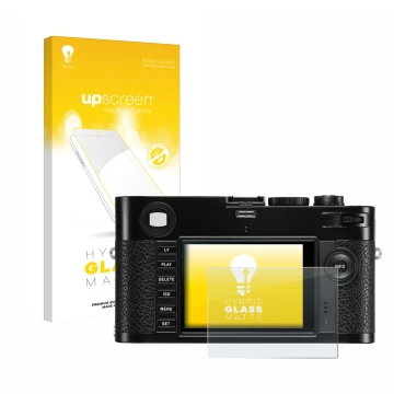 Parte frontale di una confezione del prodotto con il logo del marchio upscreen. Accanto è raffigurato il dispositivo Leica M (