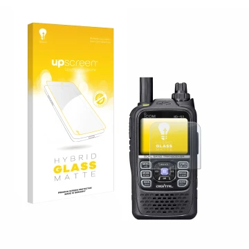 Parte frontale di una confezione del prodotto con il logo del marchio upscreen. Accanto è raffigurato il dispositivo Icom ID-5