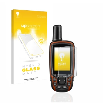 Parte frontale di una confezione del prodotto con il logo del marchio upscreen. Accanto è raffigurato il dispositivo Garmin GP