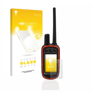 Parte frontale di una confezione del prodotto con il logo del marchio upscreen. Accanto è raffigurato il dispositivo Garmin Al