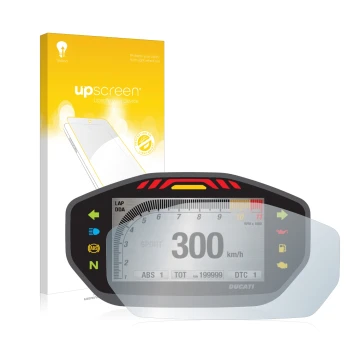 Parte frontale di una confezione del prodotto con il logo del marchio upscreen. Accanto è raffigurato il dispositivo Ducati Mo