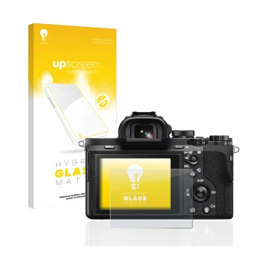 Parte frontale di una confezione del prodotto con il logo del marchio upscreen. Accanto è raffigurato il dispositivo Sony Alph