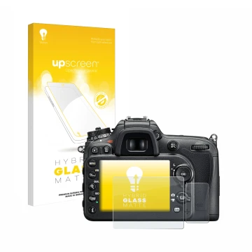 Parte frontale di una confezione del prodotto con il logo del marchio upscreen. Accanto è raffigurato il dispositivo Nikon D72