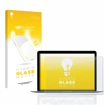 Parte frontale di una confezione del prodotto con il logo del marchio upscreen. Accanto è raffigurato il dispositivo Apple Mac