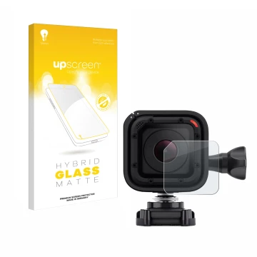 Parte frontale di una confezione del prodotto con il logo del marchio upscreen. Accanto è raffigurato il dispositivo GoPro Her