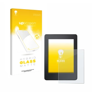 Parte frontale di una confezione del prodotto con il logo del marchio upscreen. Accanto è raffigurato il dispositivo Amazon Ki