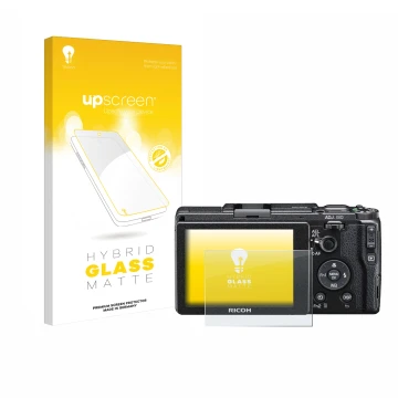 Parte frontale di una confezione del prodotto con il logo del marchio upscreen. Accanto è raffigurato il dispositivo Ricoh GR 