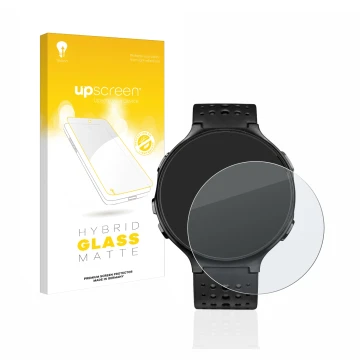 Parte frontale di una confezione del prodotto con il logo del marchio upscreen. Accanto è raffigurato il dispositivo Garmin Fo