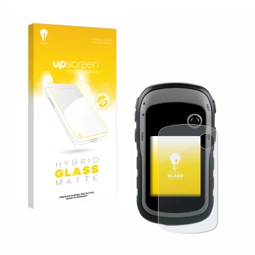 Parte frontale di una confezione del prodotto con il logo del marchio upscreen. Accanto è raffigurato il dispositivo Garmin eT