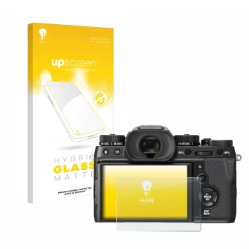 Parte frontale di una confezione del prodotto con il logo del marchio upscreen. Accanto è raffigurato il dispositivo Fujifilm 