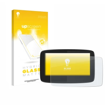 Parte frontale di una confezione del prodotto con il logo del marchio upscreen. Accanto è raffigurato il dispositivo TomTom GO