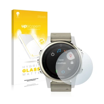 Parte frontale di una confezione del prodotto con il logo del marchio upscreen. Accanto è raffigurato il dispositivo Garmin Fe