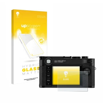 Parte frontale di una confezione del prodotto con il logo del marchio upscreen. Accanto è raffigurato il dispositivo Leica M10