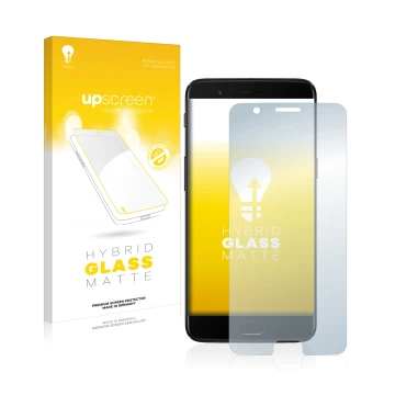 Parte frontale di una confezione del prodotto con il logo del marchio upscreen. Accanto è raffigurato il dispositivo OnePlus 5